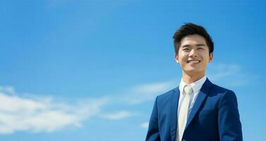 une Jeune asiatique homme d'affaire avec une confiant, radiant sourire. ai généré photo
