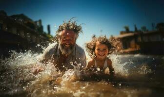 Sénior homme et une enfant en jouant et éclabousser avec l'eau sur une plage dans été. ai généré photo