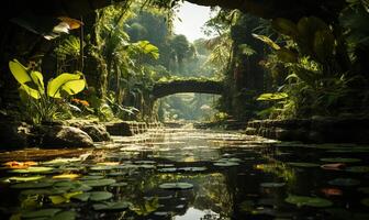 magnifique tropical jardin abondant avec luxuriant végétation. ai généré photo