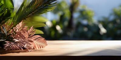 Vide marron en bois compteur table dans doux lumière du soleil. ai généré photo