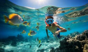 garçon plongée en apnée dans une transparent océan en train de regarder coloré poisson. ai généré photo