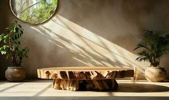 Naturel Journal bois podium table dans lumière du soleil ai généré photo