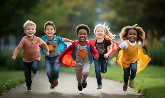 groupe de diverse de bonne humeur amusement content Multi-éthnique les enfants en plein air. ai généré photo