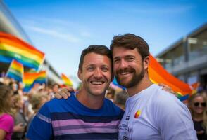 deux Hommes avec lgbt drapeaux à le gay fierté manifestation. ai généré photo