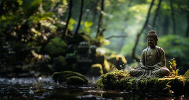 statue de une méditer Bouddha mis sur une Roche dans un idyllique bambou jardin. ai généré photo