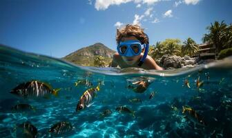 garçon plongée en apnée dans une transparent océan en train de regarder coloré poisson. ai généré photo