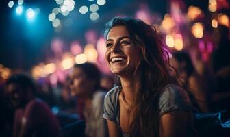 femmes en riant et ayant une bien temps à une concert à une la musique festival. ai généré photo