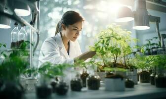 agronome biologiste femme croissance vert les plantes dans laboratoire. ai généré photo