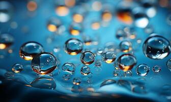 goutte de pluie cercles de un au dessus la perspective sur une transparent l'eau surface. ai généré photo