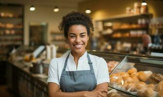 une amical femme travail dans une vente au détail magasin. ai généré photo