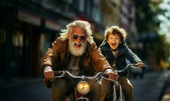 marrant Sénior homme équitation une bicyclette avec le sien petit fils. ai généré photo