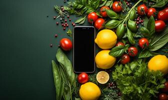 nourriture livraison. téléphone avec vide écran et biologique des légumes autour. ai généré photo