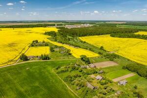 panoramique aérien vue de éco village avec en bois Maisons, gravier route, jardins et vergers photo