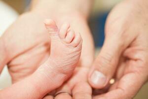 fermer de une nouveau née pied et sa père mains à hôpital sur le journée de sa naissance photo