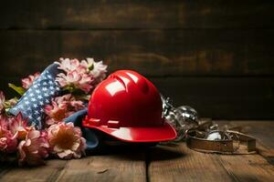 casque, des lunettes et une bouquet de fleurs sur une en bois Contexte la main d'oeuvre journée concept ai génératif photo