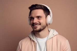 ai génératif portrait de une souriant Jeune homme dans écouteurs écoute à la musique photo