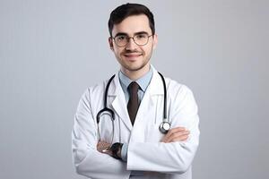 ai génératif portrait de sur de soi Masculin médecin dans blanc manteau et stéthoscope permanent avec bras franchi et à la recherche à caméra photo