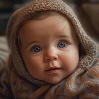 ai génératif portrait de une mignonne peu bébé garçon dans une chaud tricoté manteau photo