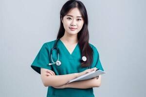 ai génératif portrait de une souriant femelle infirmière avec stéthoscope et presse-papiers photo