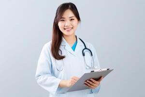 ai génératif portrait de une souriant femelle infirmière avec stéthoscope et presse-papiers photo