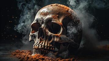 ai génératif Humain crâne avec fumée sur foncé Contexte. Halloween concept photo