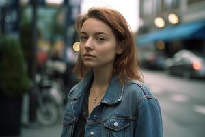 ai génératif portrait de une magnifique Jeune femme dans une manteau sur le rue photo