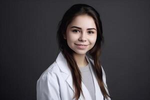 ai génératif portrait de Jeune femelle médecin dans blanc manteau sur gris Contexte. photo