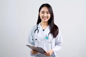 ai génératif portrait de une souriant femelle infirmière avec stéthoscope et presse-papiers photo