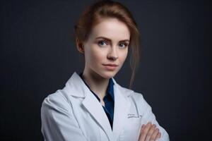 ai génératif portrait de Jeune femelle médecin dans blanc manteau sur foncé Contexte. photo