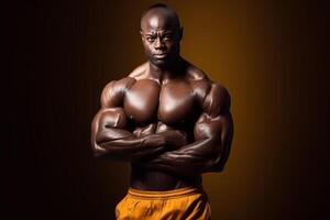 ai génératif Beau Jeune homme avec musclé corps posant plus de noir Contexte. photo