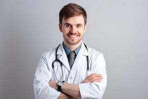 ai génératif portrait de sur de soi Masculin médecin dans blanc manteau et stéthoscope permanent avec bras franchi et à la recherche à caméra photo