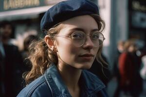 ai génératif magnifique Jeune femme dans des lunettes de soleil et manteau à la recherche une façon tandis que en marchant sur rue photo