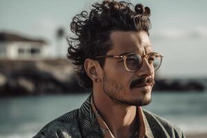 ai génératif portrait de une Beau Jeune homme dans des lunettes de soleil photo