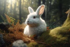 ai génératif mignonne blanc lapin séance sur le herbe dans le forêt. Pâques concept. photo