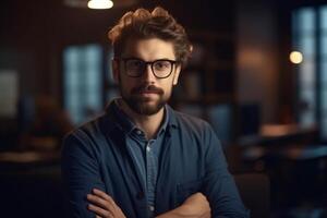 ai génératif portrait de Beau homme d'affaire avec franchi bras souriant à caméra dans Bureau photo