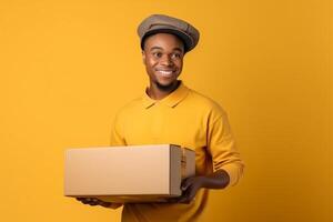 ai génératif souriant africain américain livraison homme en portant papier carton boîte isolé sur Jaune Contexte photo