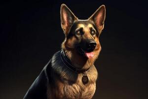 ai génératif portrait de une allemand berger chien sur une noir Contexte photo