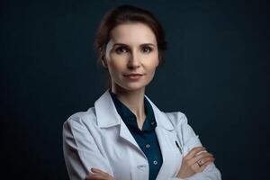 ai génératif portrait de Jeune femelle médecin dans blanc manteau sur foncé Contexte. photo