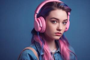 ai génératif portrait de magnifique fille avec rose cheveux et écouteurs sur bleu Contexte photo