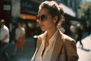 ai génératif magnifique Jeune femme dans des lunettes de soleil et manteau à la recherche une façon tandis que en marchant sur rue photo