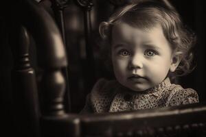 ai génératif portrait de une peu fille séance sur une chaise dans une foncé pièce photo