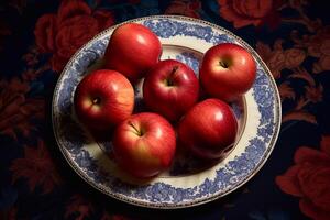 juteux délicieux Pomme mensonges sur une magnifique plaque, ai généré photo