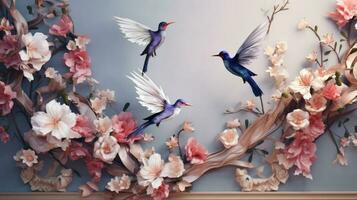 fleurs et des oiseaux - une floral illustration avec fleurs et des oiseaux et une printemps illustration ai généré photo