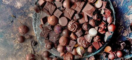 ai généré, génératif ai, Haut vue divers gentil de Chocolat cacao des sucreries mixte saveur luxe verre plaque, cristal plateau, dans fantaisie Contexte avec copie espace, monde Chocolat journée concept photo