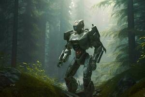 futuriste robot forêt Matin. produire ai photo