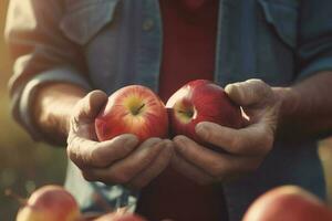 agriculteur tenir pommes. produire ai photo