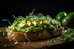 Avocat pain grillé planche petit déjeuner. produire ai photo