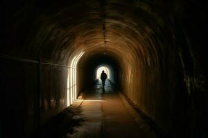 tunnel souterrain homme sombre. produire ai photo