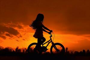 fille balade bicyclette le coucher du soleil. produire ai photo