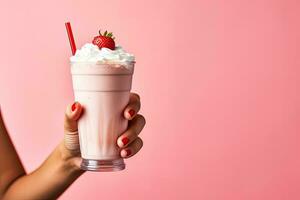 fraise Milk-shake dans femelle main sur une rose Contexte photo